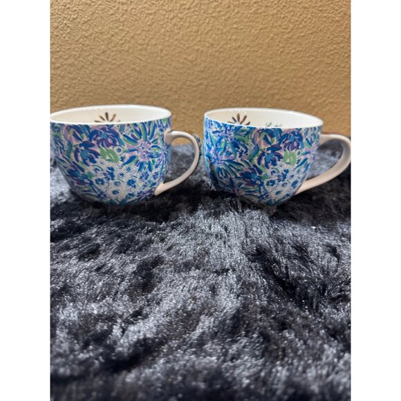 Lilly Pulitzer Floral Ceramic Coffee/Tea Mugs With Gold Handles  Set Of 2 - Picture 1 of 7